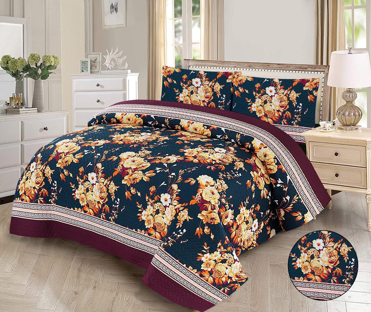 3pcs Bedspread Set (Light Filling) – Midnight Marigold